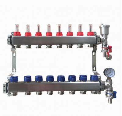 8 Port stainless steel manifold With Pressure gauge and auto air vent