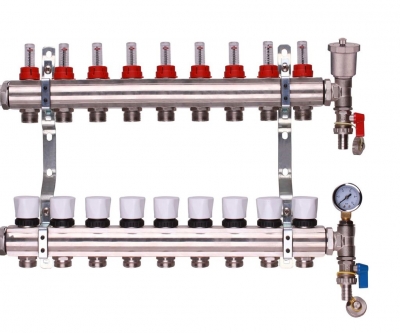 9 port manifold with pressure guage and auto air vent