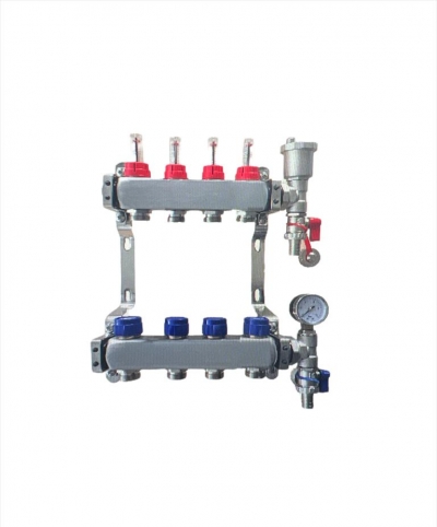 4 port stainless steel manifold with pressure gauge and auto air vent