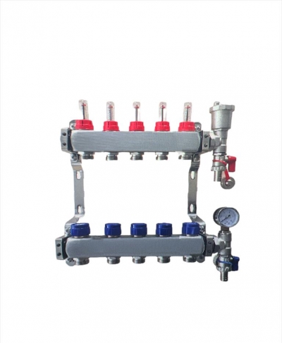 5 port stainless steel manifold with pressure gauge and auto air vent